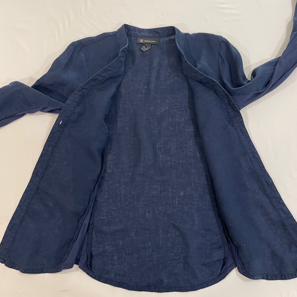 INC Womens Linen Blend Button Up Shirt Ribbed Coastal Navy Blue S - Picture 2 of 6